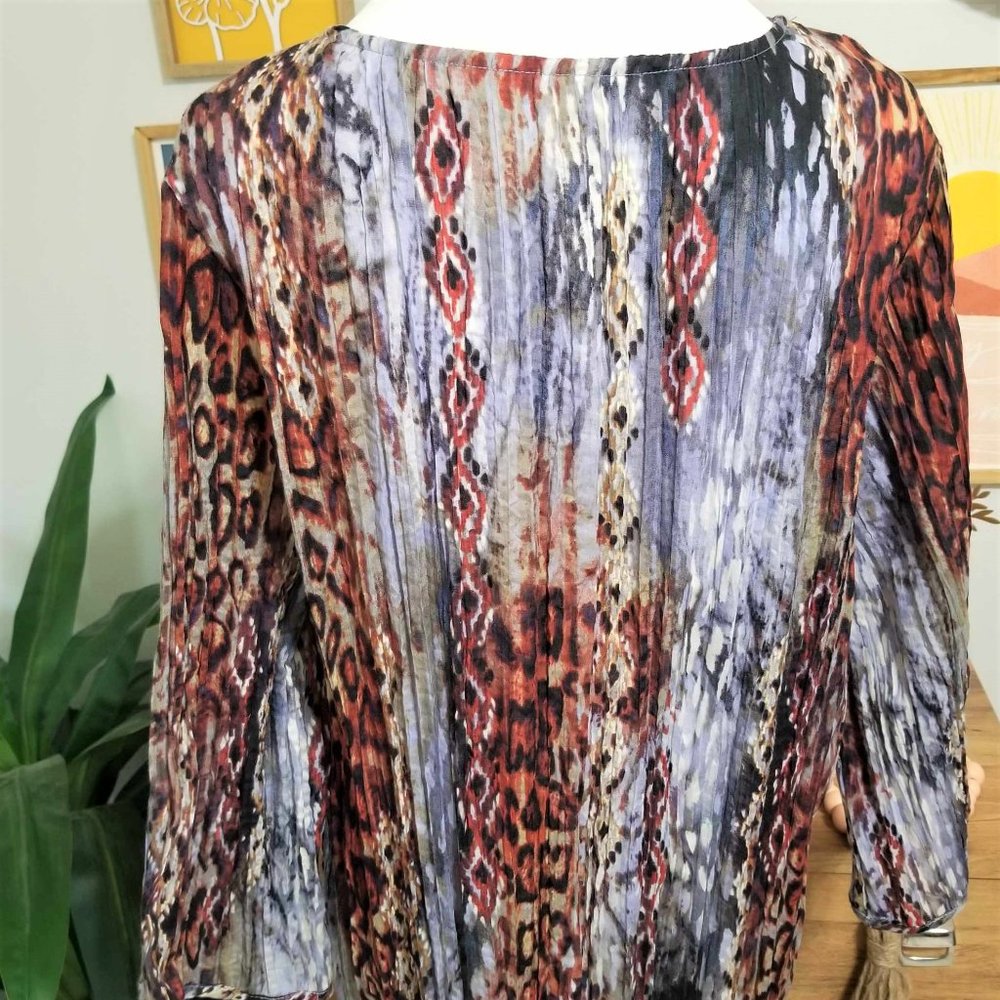 Top, Blouse. Blue, Brown, Rust Multi Pattern. Emb… - image 6